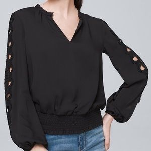 NWT White House Black Market Black Embroidered Sleeve Blouse Women’s Siz…